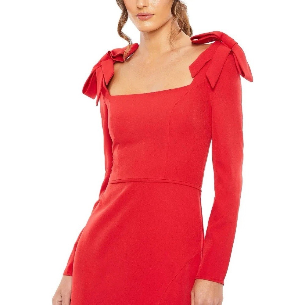 Ieena for Mac Duggal 49648 Red Satin Gown Size 6 Bow Shoulder Long Sleeve Formal